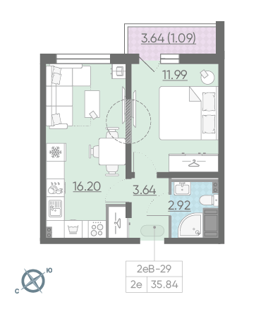 Однокомнатная квартира 35.84 м²