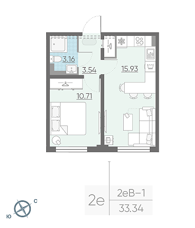 Однокомнатная квартира 33.34 м²
