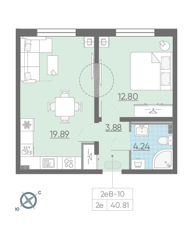 Однокомнатная квартира 40.81 м²