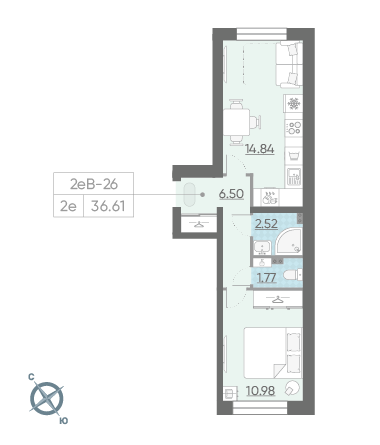 Однокомнатная квартира 36.61 м²