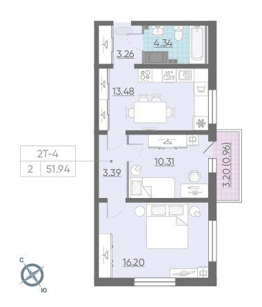 Двухкомнатная квартира 51.94 м²