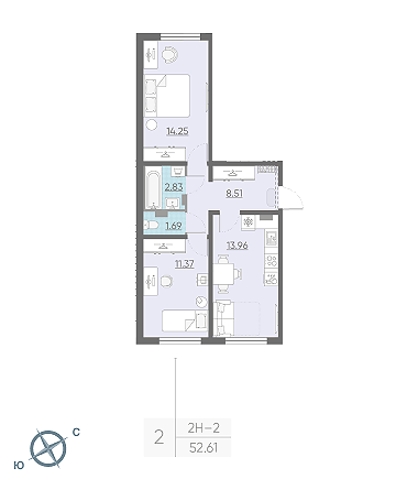 Двухкомнатная квартира 52.61 м²