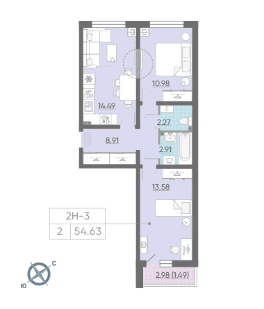 Двухкомнатная квартира 54.63 м²
