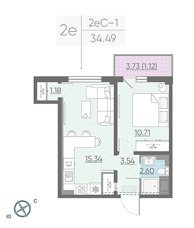 Однокомнатная квартира 34.49 м²