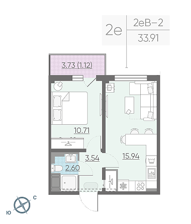 Однокомнатная квартира 33.91 м²