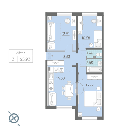 Трёхкомнатная квартира 65.93 м²