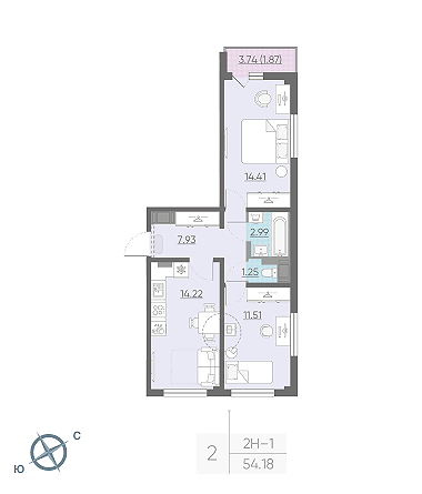 Двухкомнатная квартира 54.18 м²