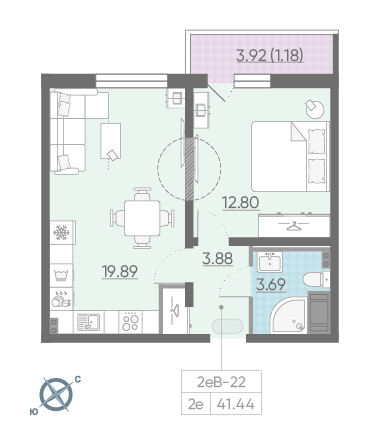 Однокомнатная квартира 41.44 м²