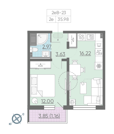 Однокомнатная квартира 35.98 м²