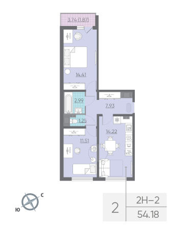 Двухкомнатная квартира 54.18 м²