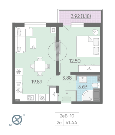 Однокомнатная квартира 41.44 м²