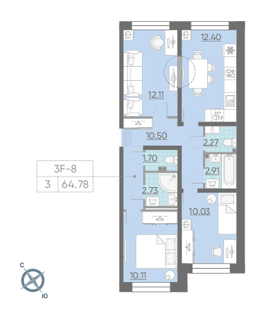 Трёхкомнатная квартира 64.76 м²