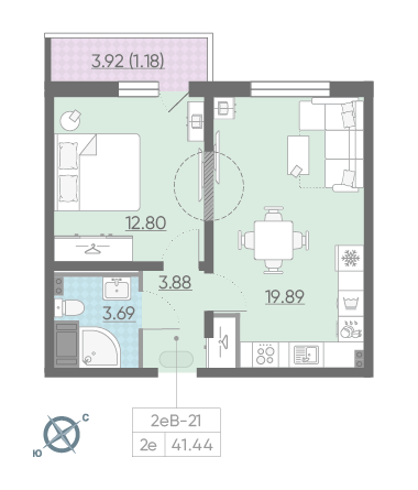 Однокомнатная квартира 41.44 м²