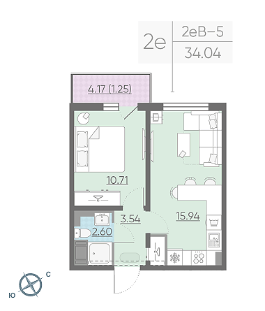 Однокомнатная квартира 34.04 м²
