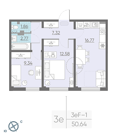 Двухкомнатная квартира 50.64 м²