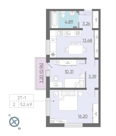 Двухкомнатная квартира 52.49 м²