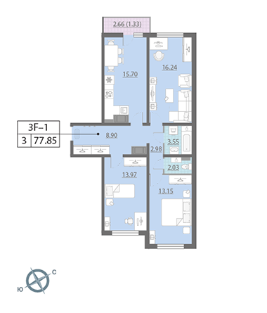 Трёхкомнатная квартира 77.85 м²