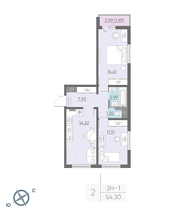 Двухкомнатная квартира 54.3 м²