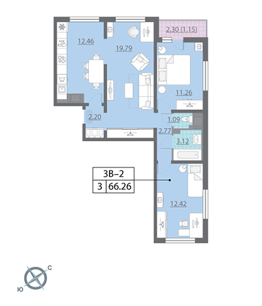 Трёхкомнатная квартира 66.26 м²