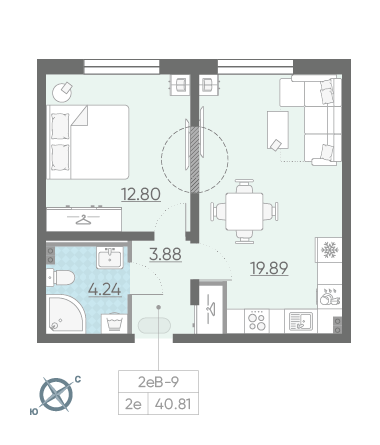 Однокомнатная квартира 40.81 м²
