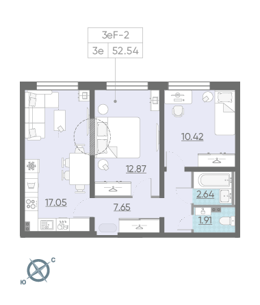 Двухкомнатная квартира 52.54 м²