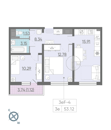 Двухкомнатная квартира 53.12 м²