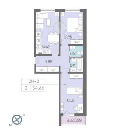 Двухкомнатная квартира 54.66 м²