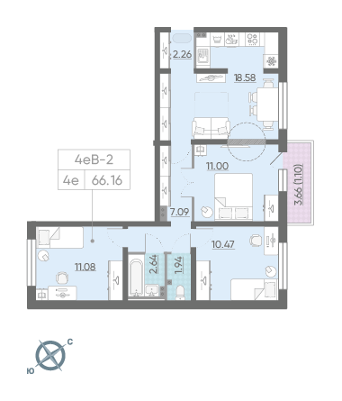 Трёхкомнатная квартира 66.16 м²