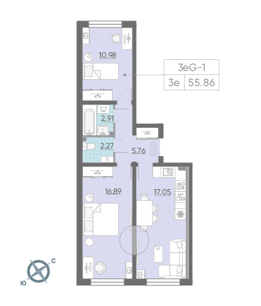 Двухкомнатная квартира 55.86 м²
