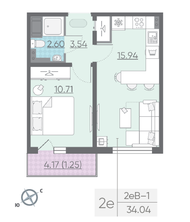 Однокомнатная квартира 34.04 м²