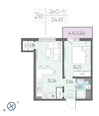 Однокомнатная квартира 34.61 м²