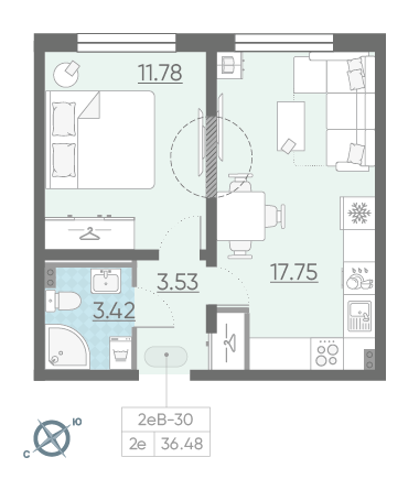 Однокомнатная квартира 36.48 м²