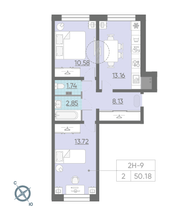 Двухкомнатная квартира 50.18 м²