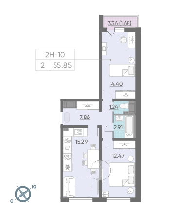 Двухкомнатная квартира 55.85 м²