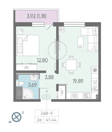Однокомнатная квартира 41.44 м²