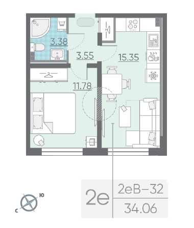 Однокомнатная квартира 34.06 м²