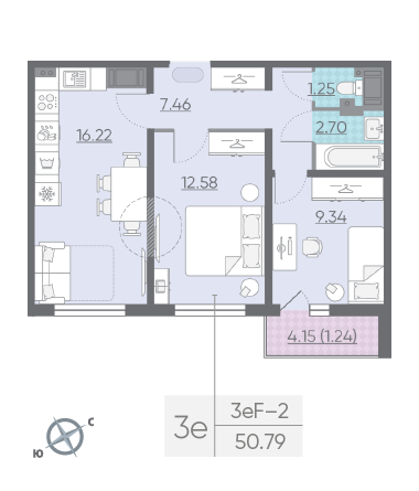 Двухкомнатная квартира 50.79 м²