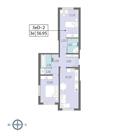 Двухкомнатная квартира 56.95 м²