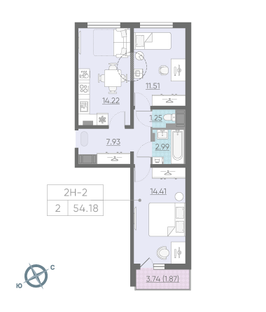 Двухкомнатная квартира 54.3 м²