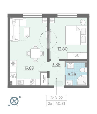 Однокомнатная квартира 34.51 м²