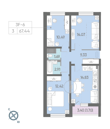 Трёхкомнатная квартира 67.44 м²