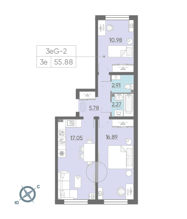 Двухкомнатная квартира 55.88 м²