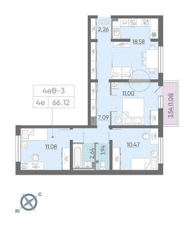 Трёхкомнатная квартира 66.12 м²