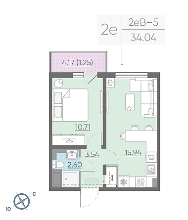 Однокомнатная квартира 34.04 м²
