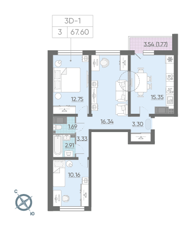 Трёхкомнатная квартира 67.6 м²