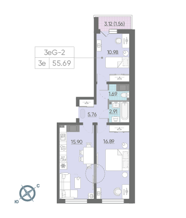 Двухкомнатная квартира 55.28 м²