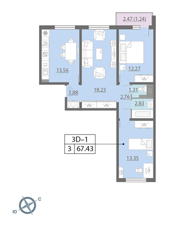 Трёхкомнатная квартира 67.43 м²