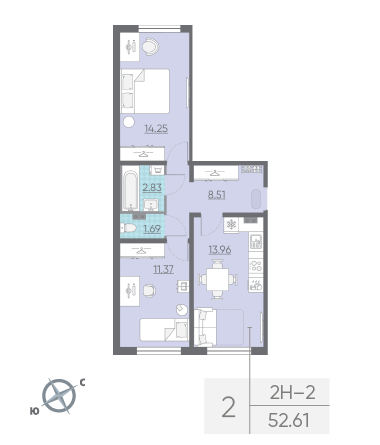 Двухкомнатная квартира 52.61 м²