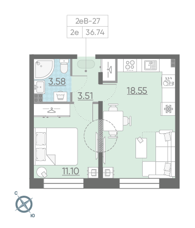 Однокомнатная квартира 36.74 м²