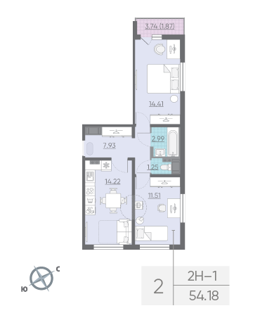 Двухкомнатная квартира 54.18 м²